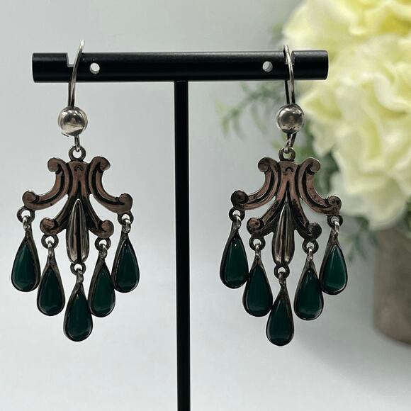 John H. Peckham, Sterling Mexico Green Stone Cabochon Chandelier Earrings Navajo - Picture 1 of 11